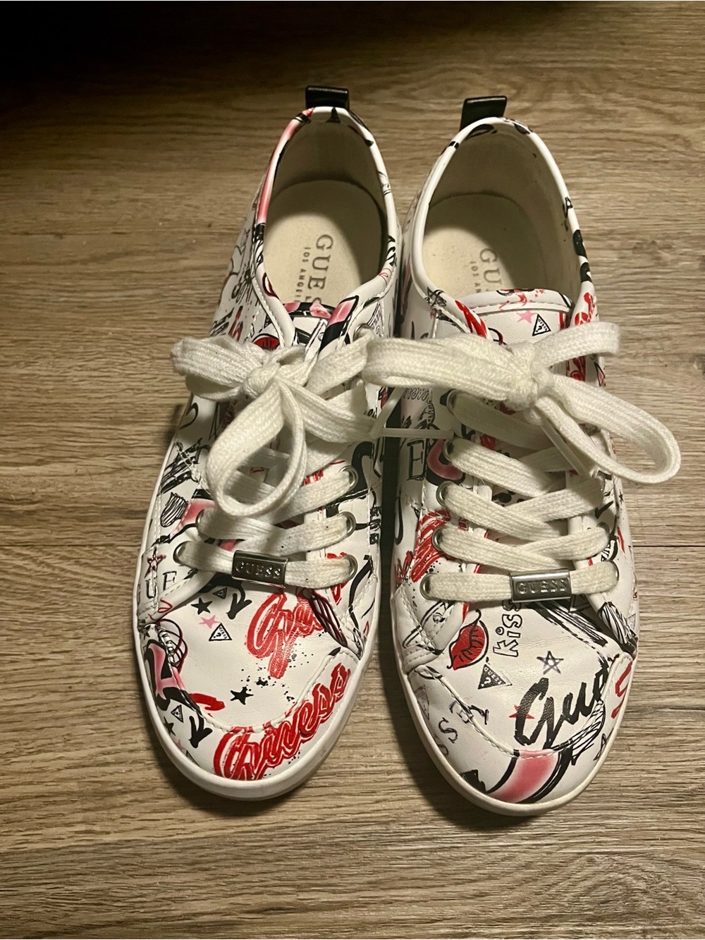 Guess Goodly White Sneakers with Red and Black Graffiti